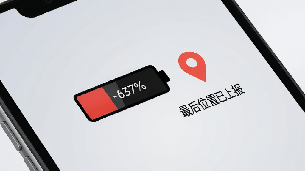 手机电池图标显示红色低电量,旁边有一个地图定位标记,屏幕显示“最后位置已上报”文字,背景为浅灰渐变,布局简洁,排版直观,风格极简,细节包括电池电量百分比、定位图标,画质干净,无多余元素