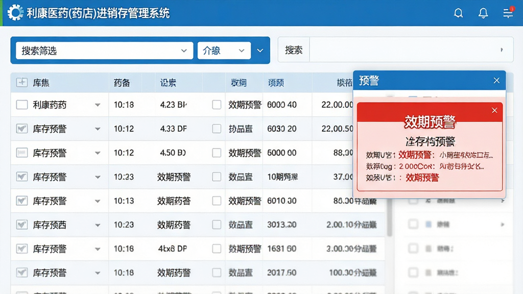 主体:一张智能库存管理界面截图,显示药品列表和库存预警提示;布局:列表上方为搜索筛选栏,下方为库存数据表格,右侧有预警弹窗;排版:表格清晰,预警弹窗醒目;风格:专业软件界面风格,蓝白配色;细节:界面左上角显示“利康医药(药店)进销存管理系统”标识,预警弹窗中显示“效期预警”字样;画质:高清,干净,无多余元素。