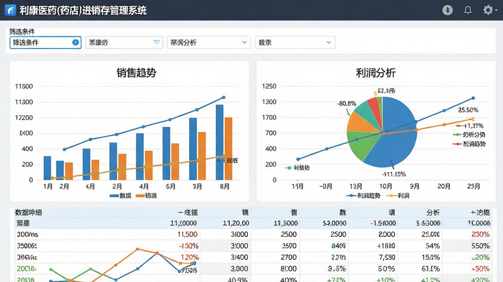 主体:财务报表分析界面截图,展示多种图表和数据表格;布局:上方为筛选条件区,中间为柱状图和折线图,下方为数据明细;排版:图表与表格并列,清晰直观;风格:商务数据可视化风格,色彩丰富但不刺眼;细节:图表上标注“销售趋势”、“利润分析”等字样,界面左上角显示“利康医药(药店)进销存管理系统”;画质:高清,干净,无多余元素。
