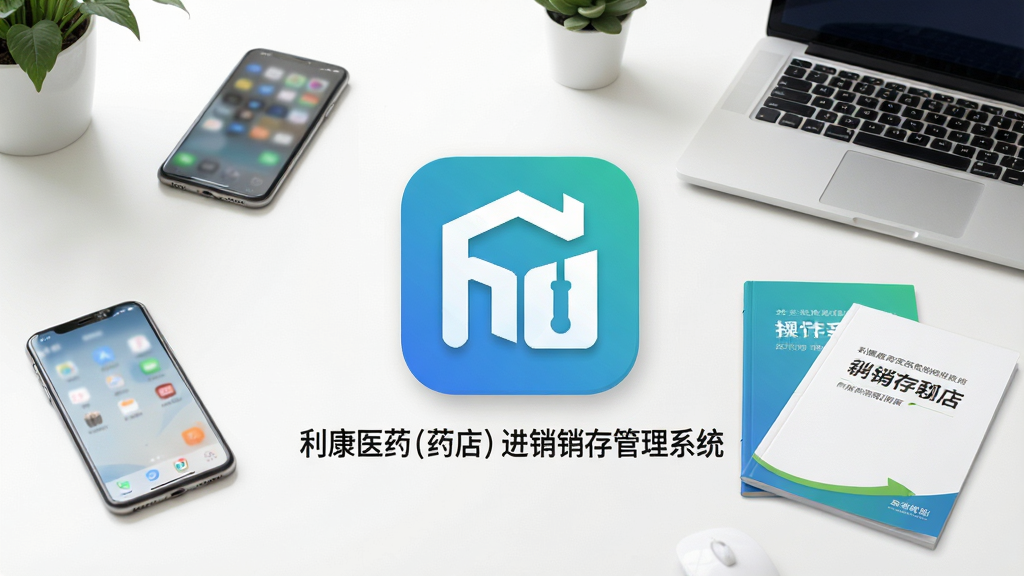 主体:软件安装完成后的桌面图标,旁边有操作手册和说明书;布局:图标居中,周围散落着手机和电脑,表示多端使用;排版:简洁干净;风格:清新自然风;细节:图标下方显示“利康医药(药店)进销存管理系统”字样;画质:高清,干净,无多余元素。