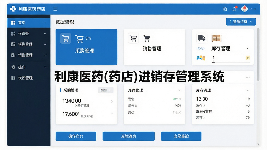 主体:利康医药进销存管理系统的软件主界面截图,展示清晰的导航栏和功能模块图标;布局:左侧功能菜单,右侧数据看板,下方为操作按钮区;排版:界面采用卡片式布局,信息层级分明;风格:现代简约商务风格,主色调为蓝白搭配;细节:画面中突出显示“采购管理”、“销售管理”、“库存管理”等模块名称,屏幕中央显示“利康医药(药店)进销存管理系统”字样;画质:高清,干净,无多余元素。