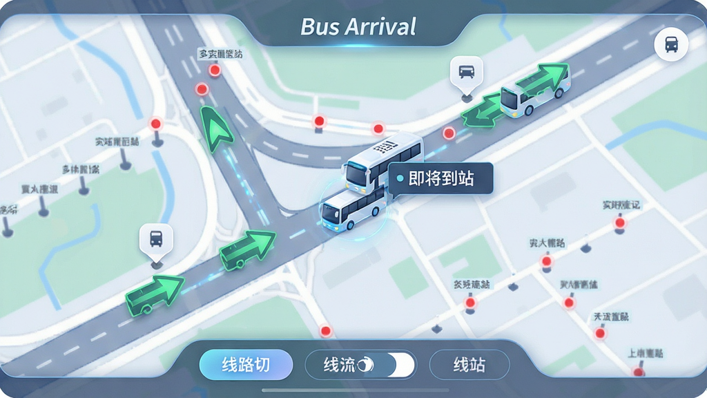 ���壺һ�ŵ��ӵ�ͼ���棬��ʾ������������ʵʱλ��ͼ�꣬��ͼ�ϱ�ע��·��վ�㡣���֣���ͼռ���������棬������ͼ������ɫ��ͷ��ʾ��վ���ú�ɫԲ���ע���Ű棺��ͼ��Ϣ��η������ײ�����·�л���ť����񣺿Ƽ���ǿ����ͼ��ɫ��ͣ�ͼ��������ϸ�ڣ���ͼ�����С�Bus Arrival����ʶ��һ������������ʾ��������վ����ʾ�����ʣ��������ȣ�����ɾ����޶���Ԫ�ء�
