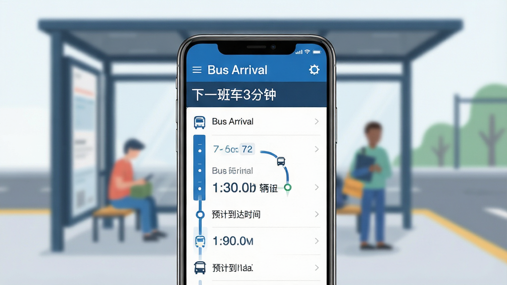 ���壺�ֻ���ĻչʾBus ArrivalӦ�ý��棬����������ʾ������·������λ�á�Ԥ�Ƶ���ʱ�䡣���֣��ֻ����У���Ļ���ݷŴ�ͻ��������Ϊ���Ĺ���վ̨ģ��Ч�����Ű棺������Ϣ�������룬��·�б��������У�ʱ����Ŀ��ע������ִ���ƽ����ƣ���ɫ����ɫ�Ͱ�ɫΪ����������Ȼ��ϸ�ڣ���Ļ����ʾ��Bus Arrival�������͡���һ�೵3���ӡ������֣�վ̨�к򳵳˿͡����ʣ�������Ⱦ���ɾ����޶���Ԫ�ء�