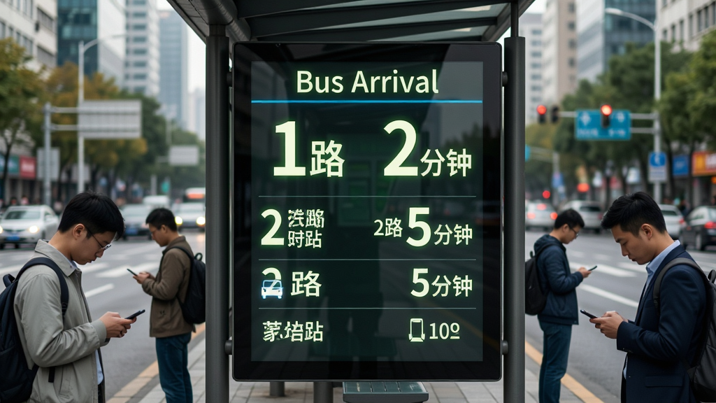 ���壺����վ̨������ʾ������ʾ����·������Ԥ�Ƶ�վʱ�䣬��Ļ���С�Bus Arrival�����������֣���Ļ���У�վ̨��Χ�к򳵳˿ͣ�����Ϊ���нֵ����Ű棺��Ļ��ʱ�����ִ����������·�����������롣���дʵ�����Ļ����Ч����ɫ��������ϸ�ڣ���ʾ��1· 2���ӡ�����2· 5���ӡ��ȣ��˿͵�ͷ���ֻ������ʣ���Ƭ����Ⱦ���ɾ����޶���Ԫ�ء�