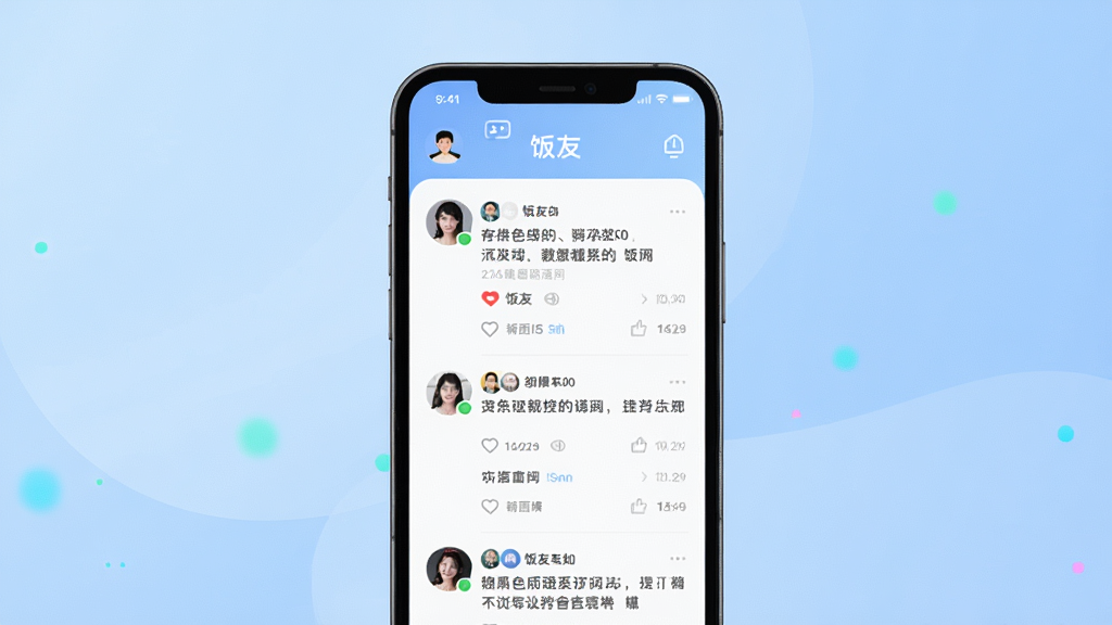 一幅展示饭友应用主界面的高清预览图,画面中央是手机屏幕,屏幕上显示多个用户头像和动态信息流,背景为柔和的渐变蓝色,整体布局简洁明快,风格现代时尚,细节丰富,画质干净,无多余元素,图片中文字标注“饭友”