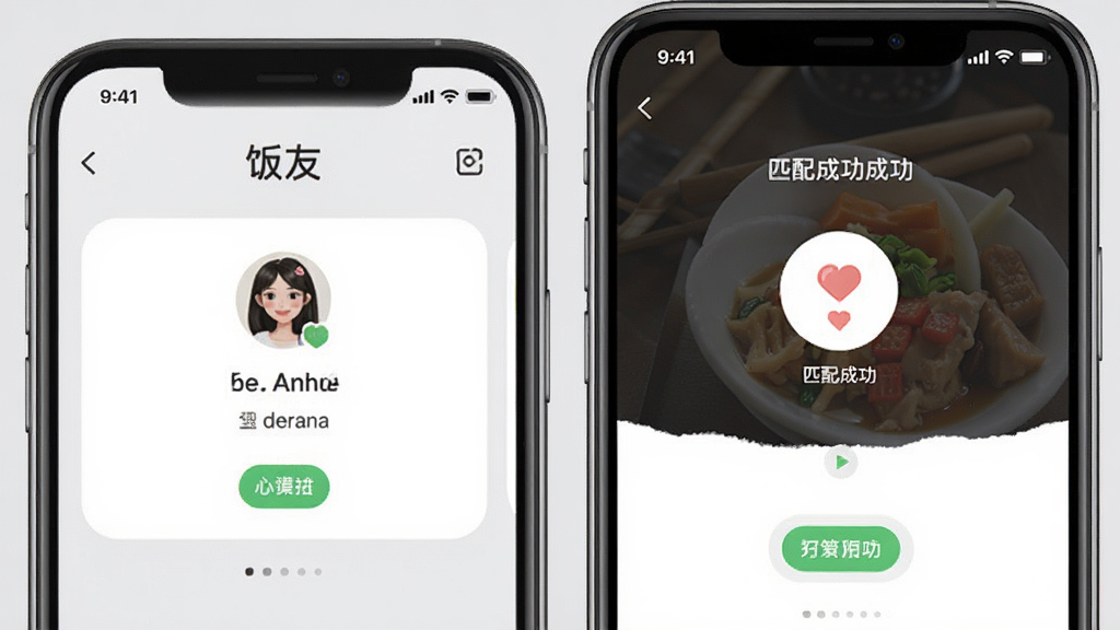 展示饭友智能匹配功能的界面截图,画面中两部手机并排,屏幕分别显示用户资料卡和匹配成功动画,背景为浅灰色,布局清晰,风格清新,细节丰富,画质干净,图片中文字标注“饭友”