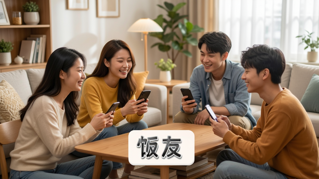 展示饭友多元互动功能的场景图,画面中一群年轻人围坐在一起,各自拿着手机开心聊天,背景为明亮的客厅,布局自然,风格温馨,细节丰富,画质干净,图片中文字标注“饭友”