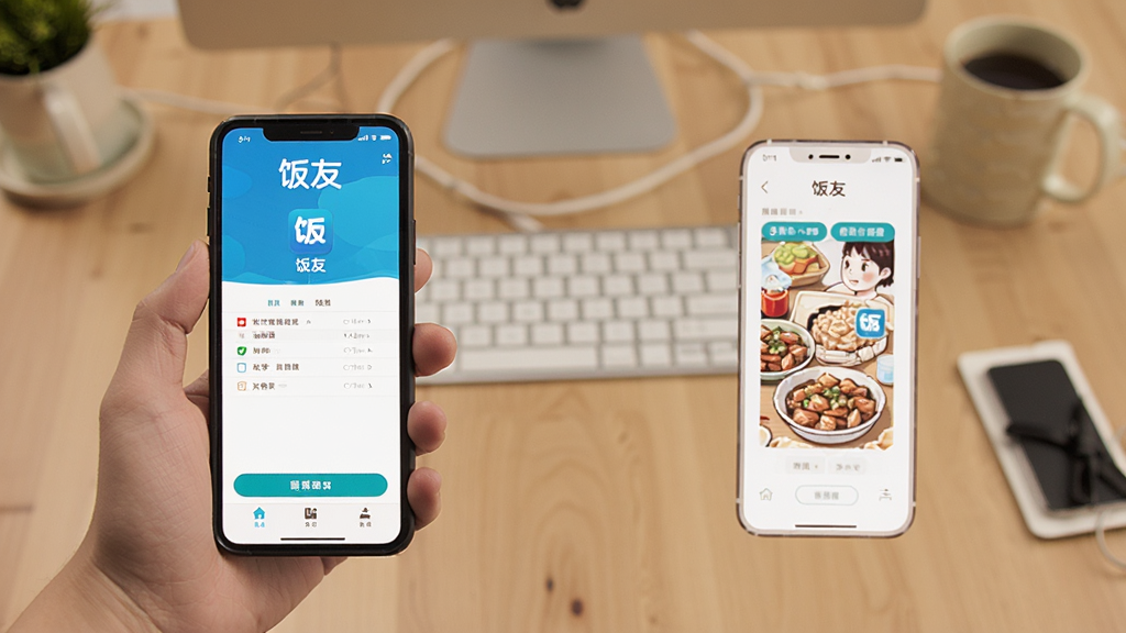 展示饭友在手机上的安装和使用步骤图,画面中一只手拿着手机,屏幕显示安装界面,背景为桌面,布局清晰,风格写实,细节丰富,画质干净,图片中文字标注“饭友”