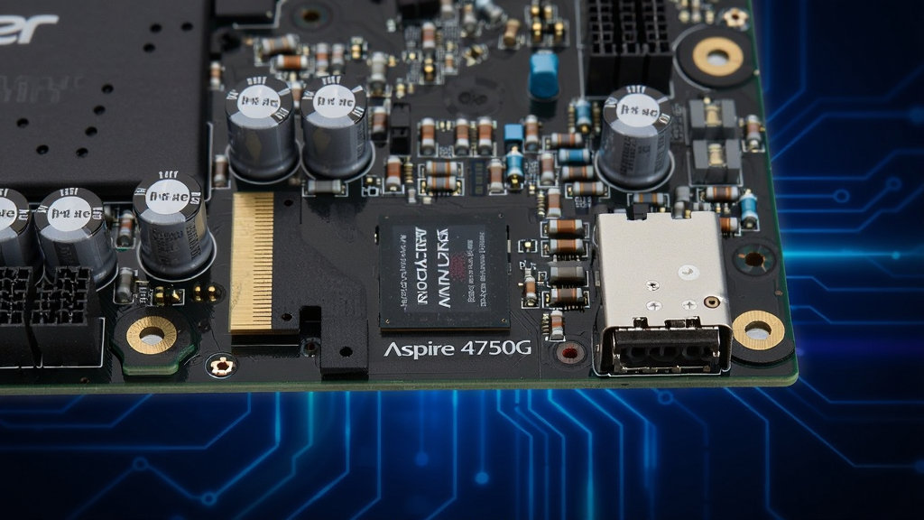 高清特写Acer宏Aspire 4750G笔记本的声卡芯片与音频接口特写,主板布局整洁,周围有电容电阻元件,背景为深蓝色科技感光线,主体居中,构图清晰,风格写实,细节丰富,画质干净,无多余元素