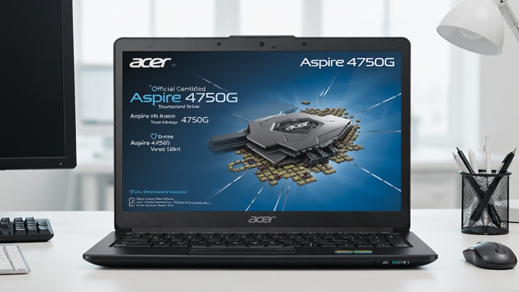 展示Acer宏Aspire 4750G笔记本声卡驱动的官方认证界面,屏幕上有宏Logo和驱动版本信息,背景为简洁的办公桌面,主体居中,布局清晰,风格商务,细节完整,画质干净,无多余元素