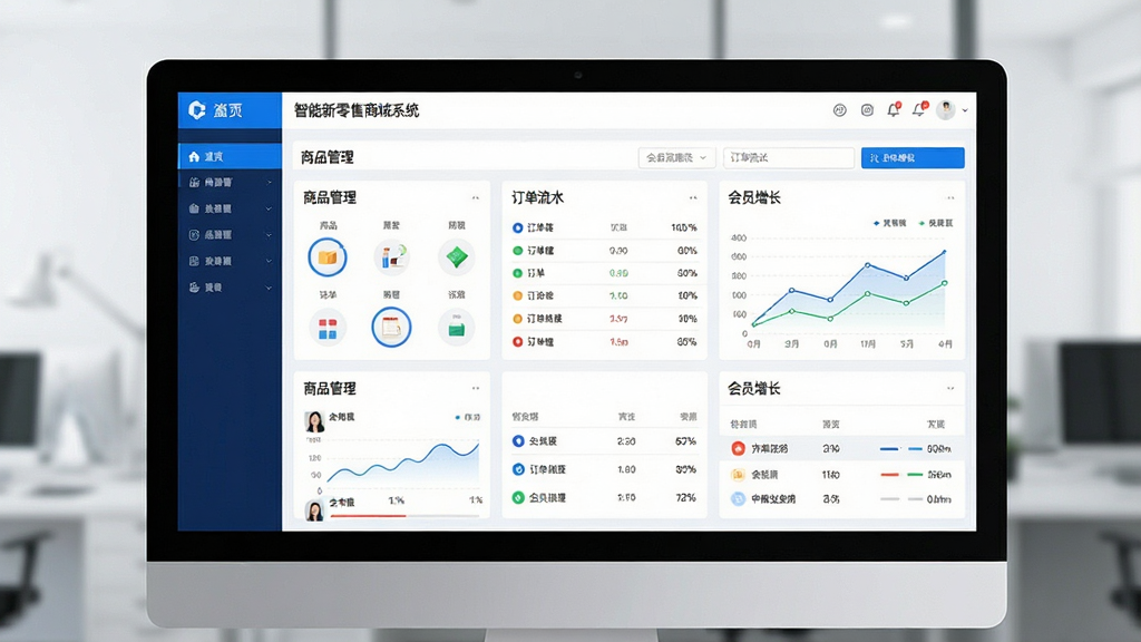 一张展示智能新零售商城系统后台管理界面的高清预览图,主体为电脑屏幕中的系统仪表盘,包含商品管理、订单流水、会员增长折线图等模块,布局清晰简洁,采用蓝白科技色风格,细节丰富,画质干净,无多余元素