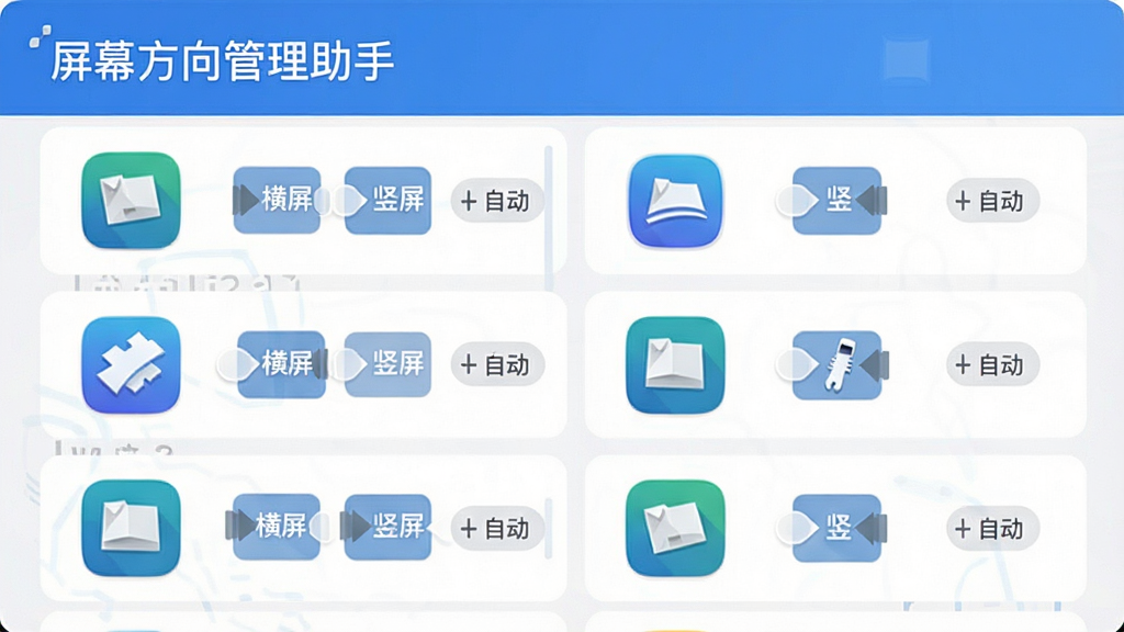 展示“屏幕方向管理助手”中应用列表界面,每个应用旁边有方向选择图标(横屏、竖屏、自动),布局清晰,风格扁平化,细节丰富,画质干净,无多余元素