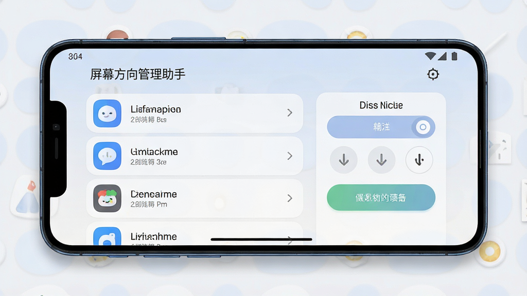 一张智能手机屏幕展示“屏幕方向管理助手”主界面,手机横屏显示,界面中有应用列表和方向选择按钮,布局简洁,风格现代,细节清晰,画质干净,无多余元素