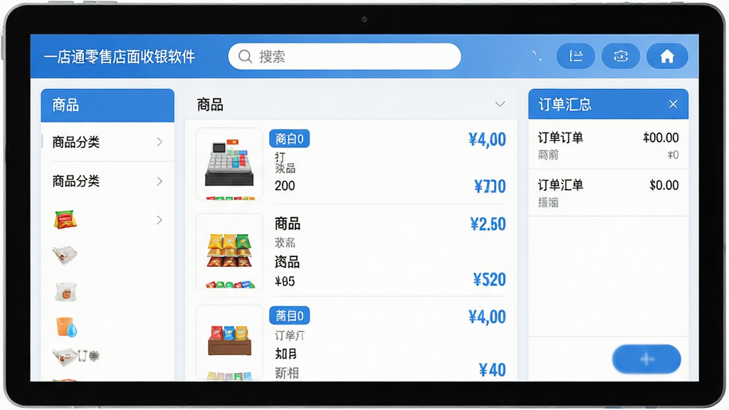 主体:一店通零售店面收银软件界面展示,包含收银台、商品列表、订单汇总。布局:左侧为商品分类栏,中间为商品列表,右侧为当前订单区域。排版:清晰的分栏式布局,上方为搜索栏和功能按钮。风格:现代简约,蓝白主色调,扁平化设计。细节:屏幕上显示“一店通零售店面收银软件”字样,商品图片清晰,价格标签醒目。画质:高清,干净,无多余元素。