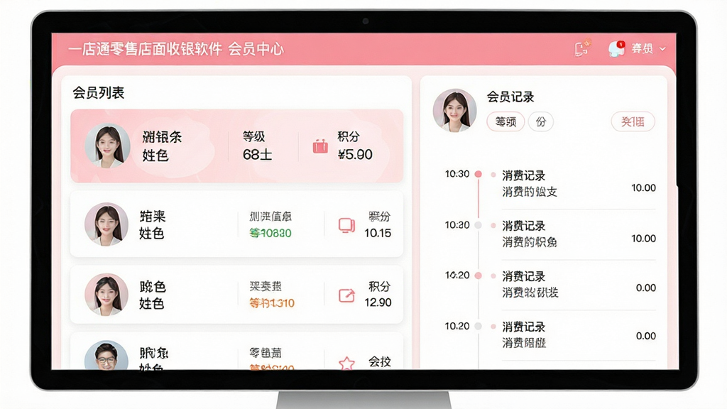 主体:一店通零售店面收银软件的会员管理界面。布局:左侧为会员列表,右侧为会员详情及消费记录。排版:卡片式设计,会员头像、姓名、等级、积分清晰展示。风格:清新淡雅,粉色与白色搭配。细节:显示“一店通零售店面收银软件”会员中心字样,消费记录以时间轴展示。画质:高清,干净,无多余元素。