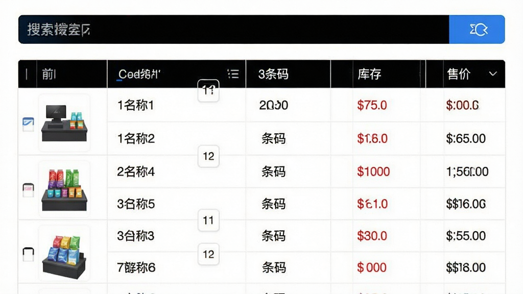 主体:一店通零售店面收银软件的商品管理界面。布局:上方为搜索栏,下方为商品列表表格。排版:表格形式展示商品图片、名称、条码、库存、售价。风格:商务简洁,白底黑字,蓝色高亮。细节:商品图片清晰,库存数量用红色标注低库存商品。画质:高清,干净,无多余元素。