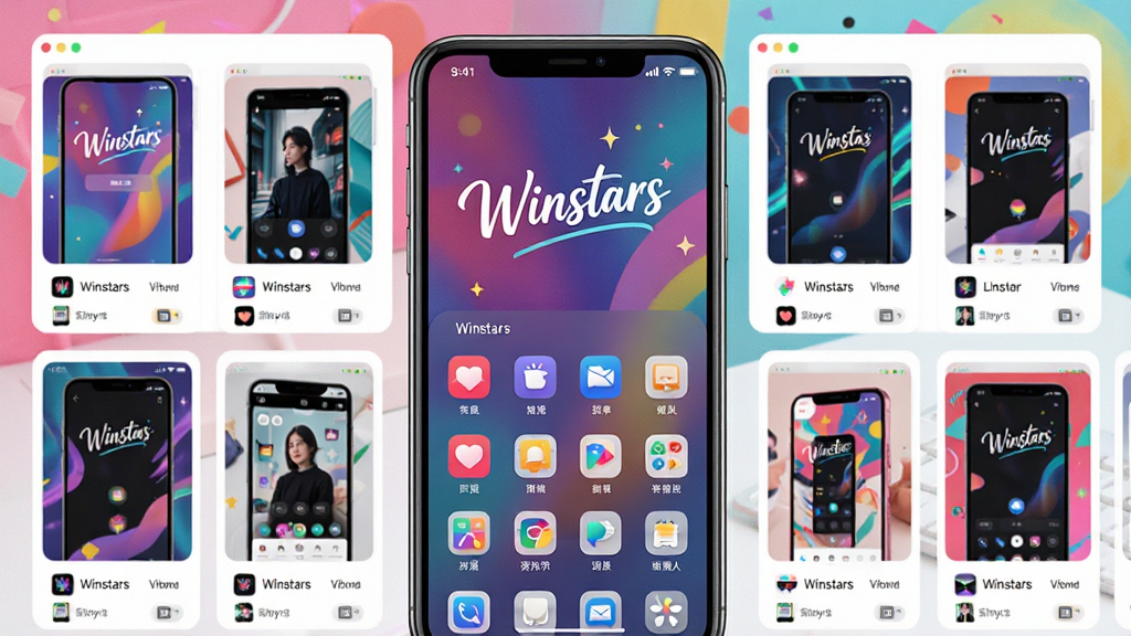展示Winstars桌面定制功能的预览图,手机屏幕上显示自定义主题和图标排列,周围有主题商店的缩略图,整体画面活泼,色彩丰富,风格时尚,画质清晰,无多余元素,图片中显示“Winstars主题”字样