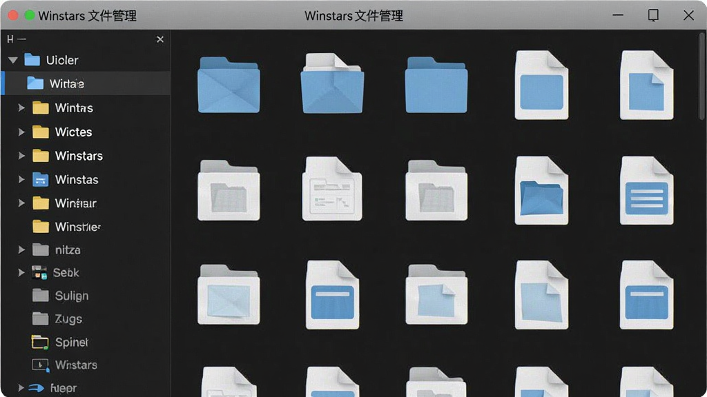 展示Winstars文件管理界面的截图,左侧为分类文件夹列表,右侧为文件缩略图网格,界面明亮清晰,图标简洁,风格清爽,画质高,无多余元素,图片中显示“Winstars文件管理”字样