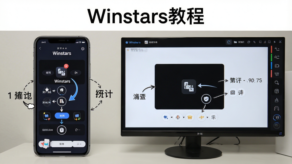 展示Winstars使用教程的步骤图,手机界面与电脑模拟器界面并排,标注操作步骤,风格简洁明了,画质清晰,无多余元素,图片中显示“Winstars教程”字样