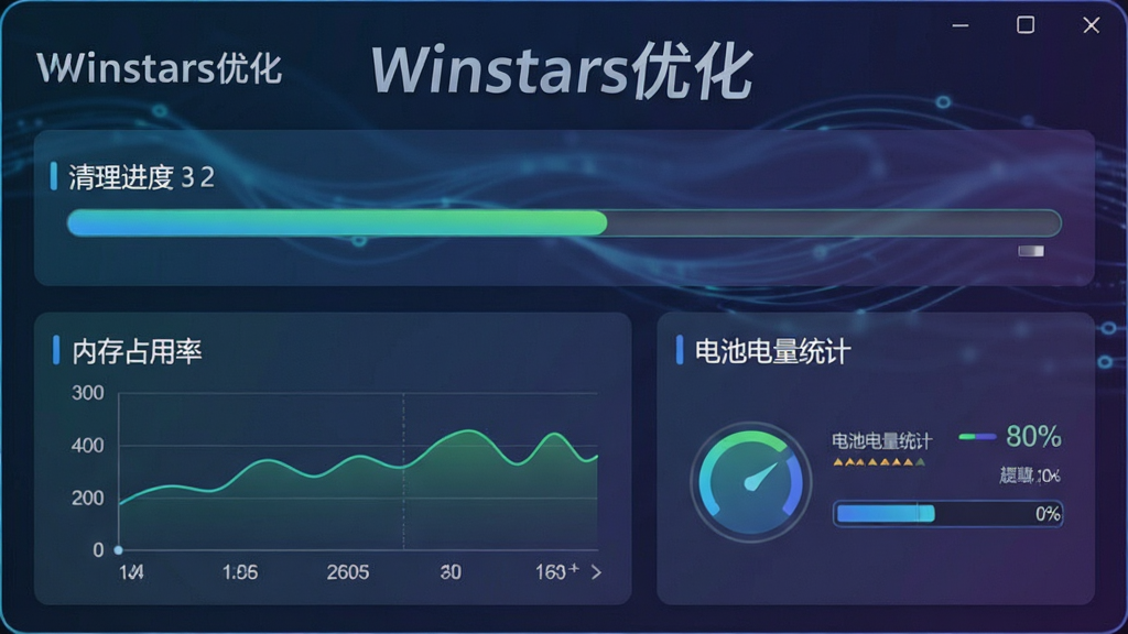 展示Winstars系统优化功能的界面,包含清理进度条、内存占用率图表和电池电量统计,色彩搭配舒适,数据可视化清晰,风格科技感,画质细腻,无多余元素,图片中显示“Winstars优化”字样