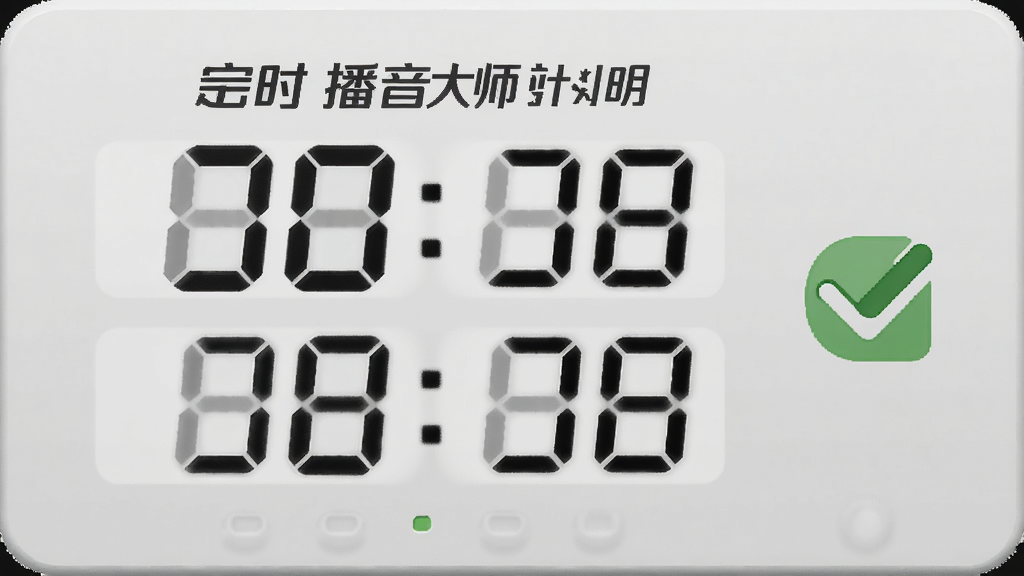 定时播音大师的计时设置面板,显示时、分、秒的精确数字,旁边有一个对勾图标,背景为浅灰色,风格简洁商务,画质干净