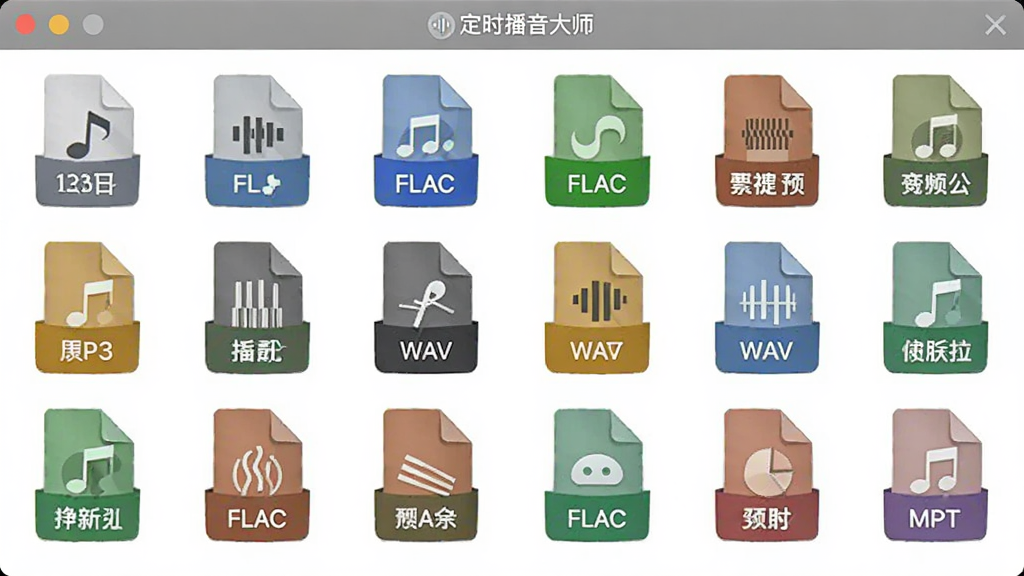 定时播音大师的音频文件导入界面,显示多种音频格式的文件图标,包括MP3、WAV、FLAC等,排列整齐,背景为白色,风格清爽,画质干净
