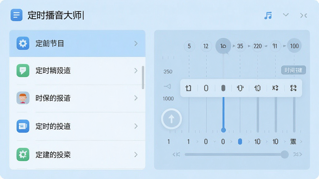 定时播音大师主界面展示,左侧为节目列表,右侧为时间轴设置,整体风格简洁明了,图标清晰,背景为淡蓝色,画质干净,无多余元素