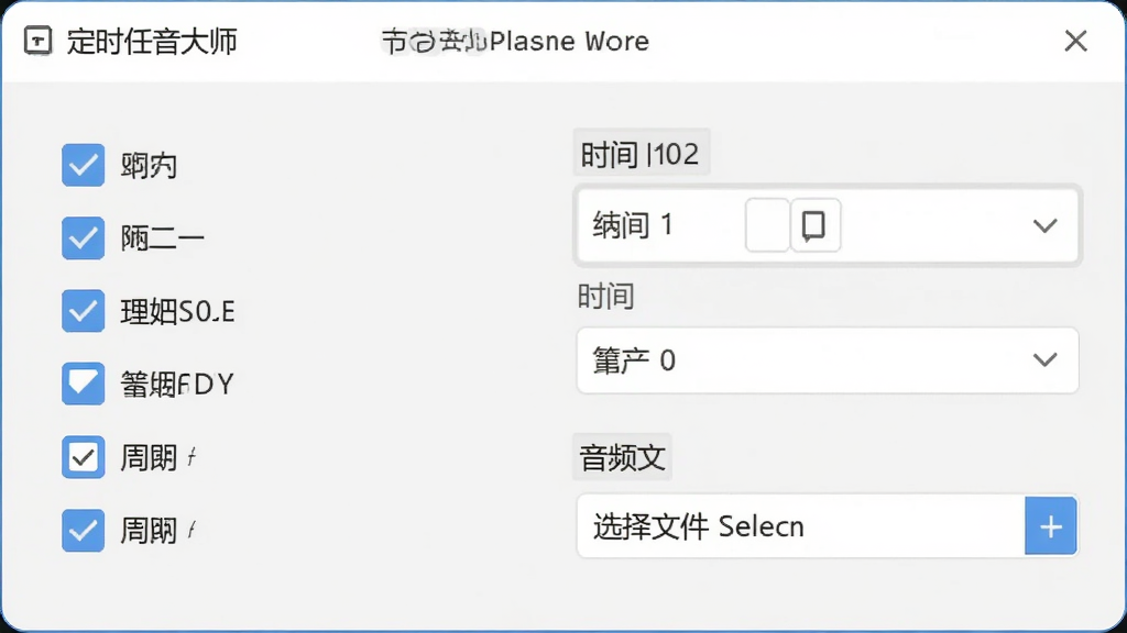 定时播音大师的定时任务编辑窗口,显示周一到周日的勾选选项,时间设置框和音频文件选择按钮,界面清晰,字体大小适中,风格简约,画质干净