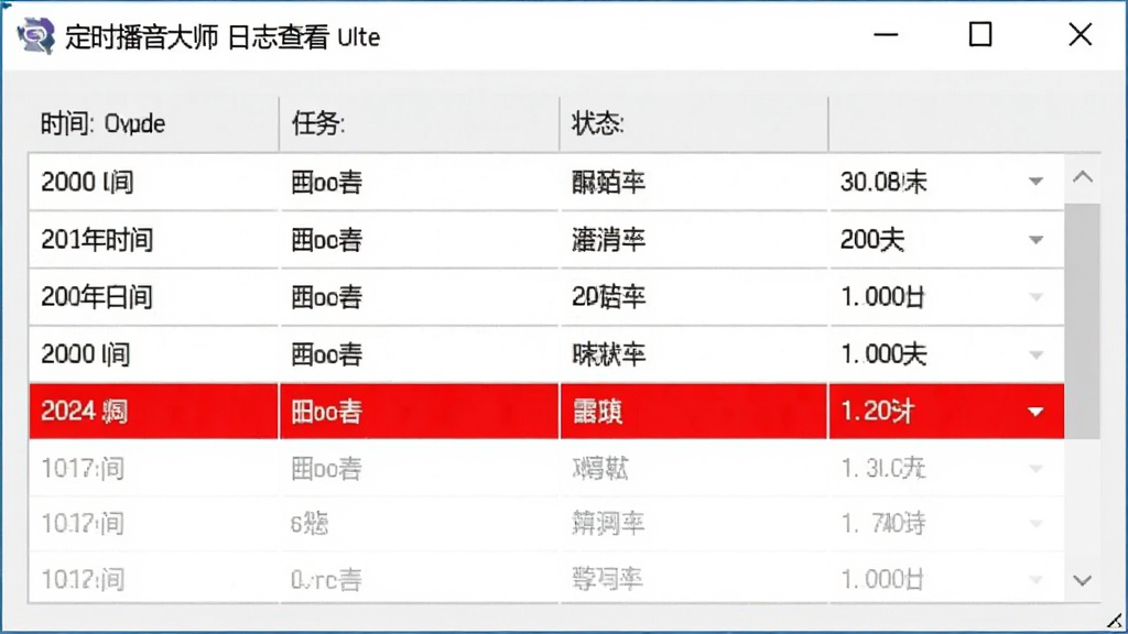 定时播音大师的日志查看窗口,表格中列出时间、任务、状态等列,其中一行用红色标记错误,背景为白色,风格简洁,画质干净