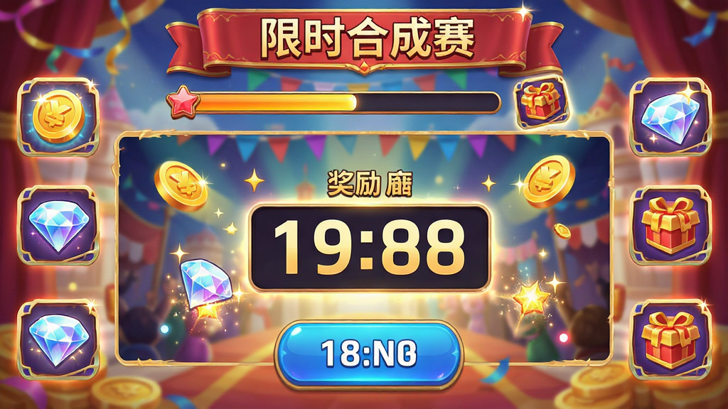 游戏活动界面,顶部横幅写着“限时合成赛”,下方有进度条和奖励图标。主体:活动主视觉。布局:横幅居中,奖励图标环绕四周。排版:按钮醒目,倒计时显示。风格:华丽庆典风,色彩鲜艳。细节:金币钻石特效闪亮。画质:高分辨率,干净整洁。