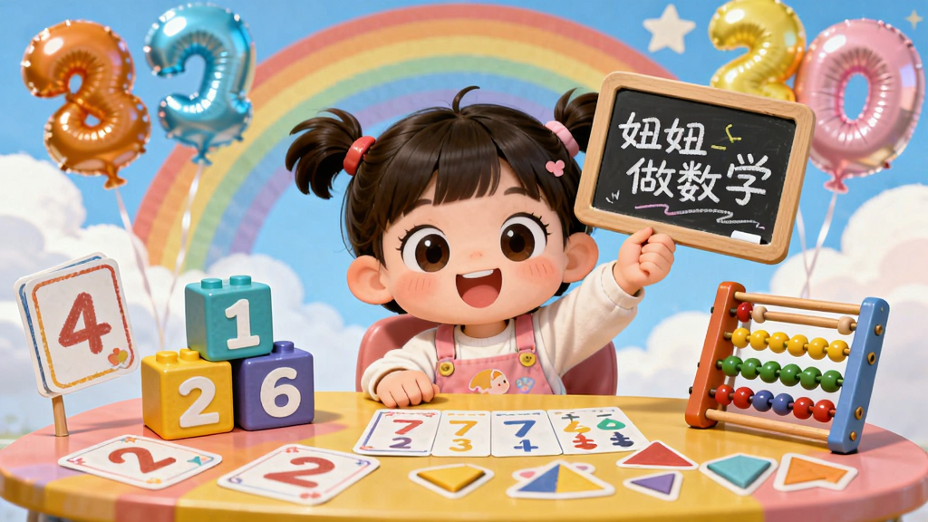 画面主体为卡通小女孩“妞妞”坐在彩色书桌前,桌面摆放数字积木和算盘,背景是蓝天白云下的彩虹与数字气球,布局采用中心构图,妞妞在画面中央开心地举起写着“妞妞做数学”的小黑板,画风为明亮Q版儿童插画,细节包括数字卡片、几何形状贴纸、柔和光影,画质高清干净,无多余元素