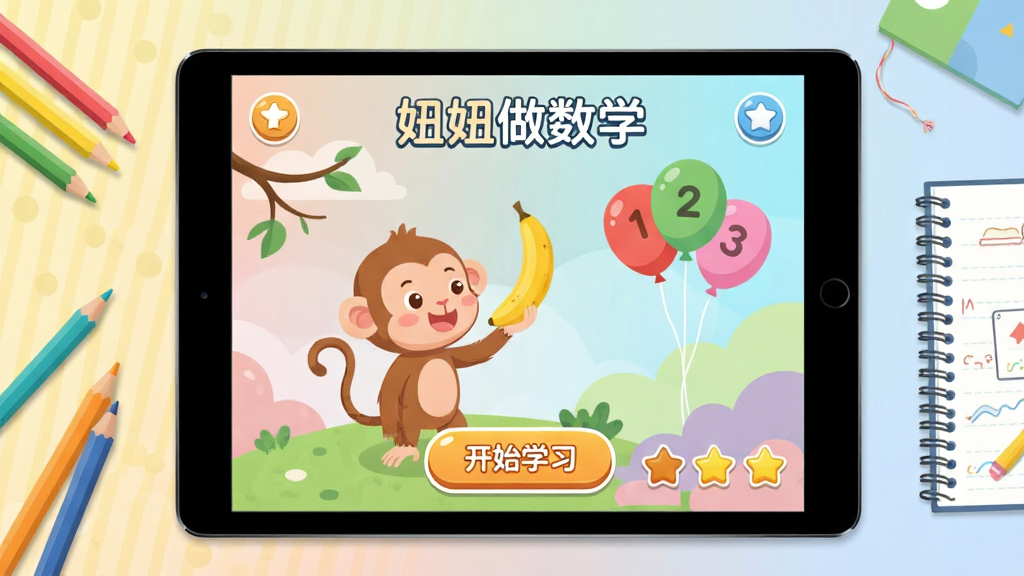 画面主体为平板电脑界面,屏幕中显示“妞妞做数学”的互动游戏画面,有小猴子摘香蕉和数字气球,布局为平板居中、周围散落彩色铅笔和练习本,风格为现代扁平化儿童教育插画,细节包括高亮“开始学习”按钮、进度星星、柔和渐变背景,画质干净明亮,无多余元素