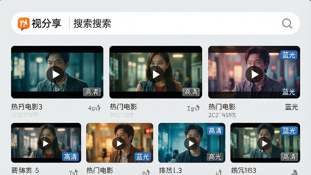 主体:视分享APP的搜索界面,搜索框内输入“热门电影”,下方呈现多个视频封面缩略图;布局:上方为搜索栏,下方为网格状视频列表;排版:整齐有序,每个封面下方标注片名和清晰度;风格:扁平化设计,背景浅灰色,封面色彩鲜艳;细节:搜索框有“视分享”LOGO,列表中有“高清”“蓝光”标签;画质:细腻清晰,干净,无多余元素。