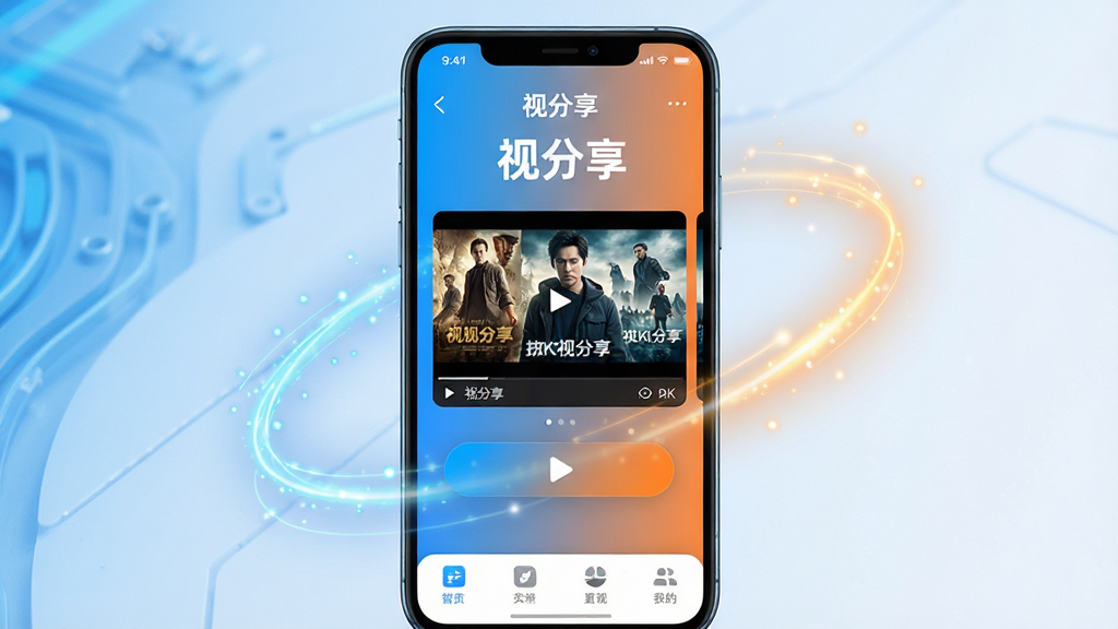 主体:一部智能手机屏幕中展示“视分享”APP界面,界面中有高清电影海报和播放按钮,周围有光效点缀;布局:手机居中,界面内容清晰可见,底部有功能图标栏;排版:简洁大方,突出APP名称“视分享”,界面元素排列有序;风格:现代科技感,色彩明亮,蓝色与橙色渐变为主色调;细节:屏幕中显示“视分享”字样和播放中的视频画面,画面清晰;画质:4K超清,干净,无多余元素。