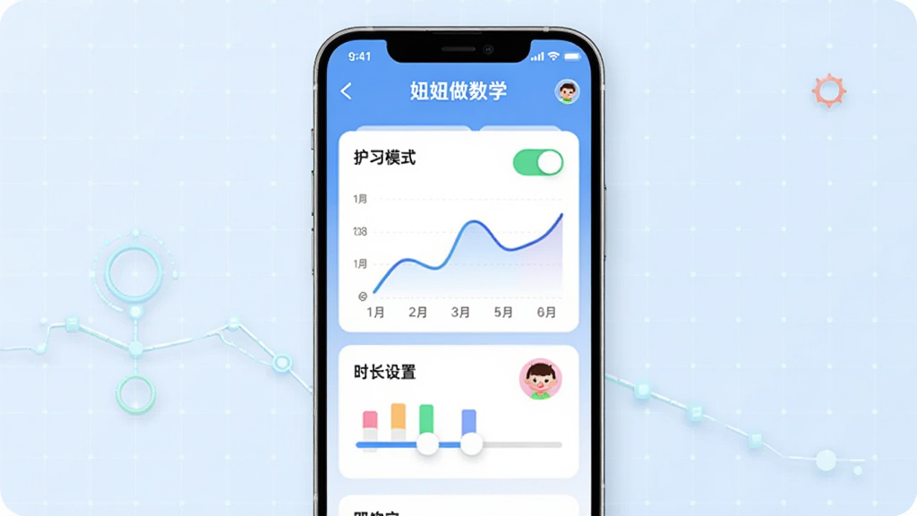 画面主体为智能手机屏幕,显示“妞妞做数学”家长管控面板,有学习报告曲线和时长设置滑块,布局为手机居中,背景为淡蓝色科技感网格,风格为简约商务结合儿童元素,细节包括“护眼模式”开关、彩色统计图表、孩子头像,画质清晰干净,无多余元素