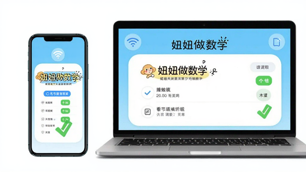 画面主体为一部智能手机和一台笔记本电脑并排放置,屏幕均显示“妞妞做数学”的学习界面,布局为左右对称,风格为写实与卡通结合,细节包括Wi-Fi图标、缓存清理按钮、绿色对勾,画质干净明亮,无多余元素