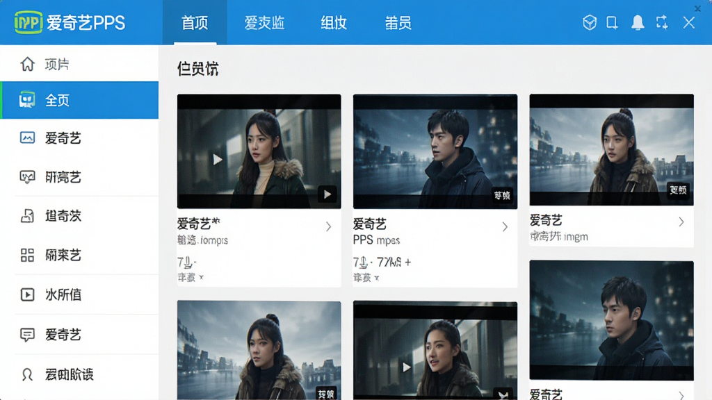 一张展示爱奇艺PPS软件主界面的高清截图,界面包含顶部导航栏、左侧分类菜单、中部视频海报瀑布流,整体风格简约现代,色彩以蓝白为主,画面干净清晰,突出“爱奇艺PPS”字样,无多余元素。