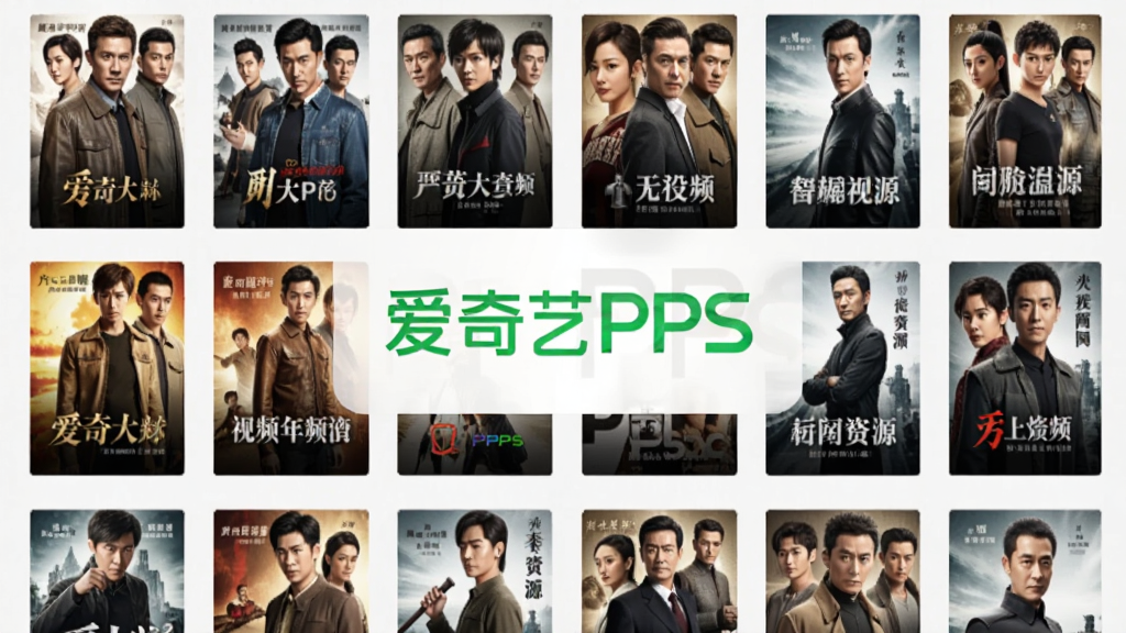 展示爱奇艺PPS视频库的界面截图,画面上有大量电影和电视剧海报缩略图,整齐排列,中间带有“爱奇艺PPS”的LOGO,整体明亮整洁,突出资源丰富的感觉。