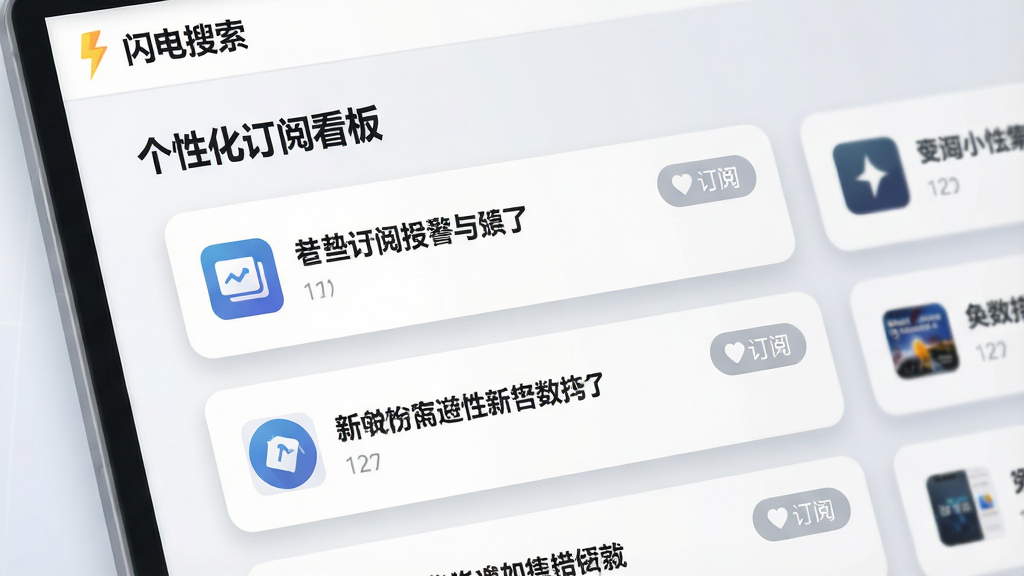 一张界面局部特写图,主体为“闪电搜索”软件中的“个性化订阅看板”区域,展示几行带有小图标的新闻标题卡片。布局为横向滑动式卡片排列,排版错落有致,风格明亮清新,背景为浅灰白渐变。细节上卡片边缘有柔和阴影,右上角有订阅按钮,整体画质细腻干净,无多余元素。