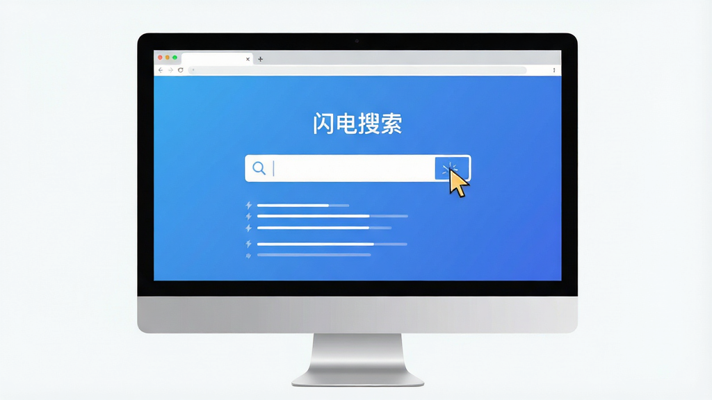 一幅现代简约风格的软件产品展示图,主体是电脑屏幕中打开的“闪电搜索”主界面,界面中央为单一的搜索输入框,背景是干净的渐变蓝色,输入框下方有三条极简的搜索结果预览线条。布局采用居中对称,排版清爽留白多,风格为扁平化UI设计,细节上突出放大镜图标与闪电形状的光标点缀,画质高清干净,无多余元素。