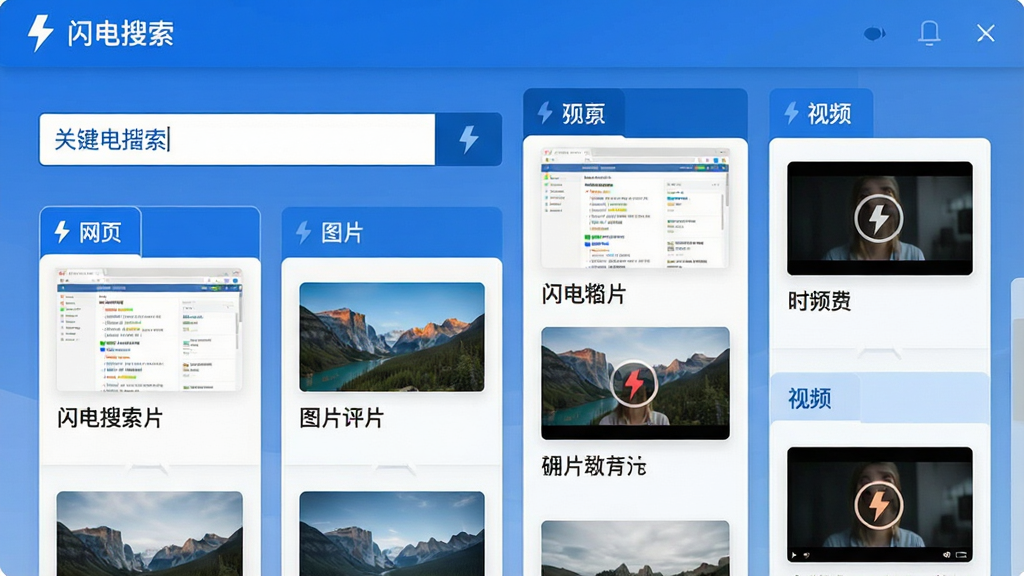 一张功能演示截图风格图片,主体是“闪电搜索”软件界面,展示输入关键词后,下方以卡片式布局分栏呈现“网页”、“图片”、“视频”等标签页,每栏有缩略图与标题。布局为左右结构,左侧是输入框,右侧是分类结果瀑布流。排版网格整齐,风格科技感蓝白配色,细节包括分类标签高亮和闪电形状的加载动画,画质清晰干净,无多余元素。