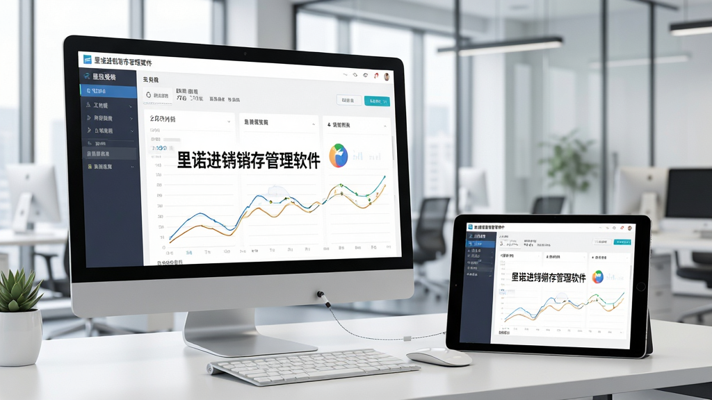 一张展示电脑与平板电脑协同工作的图片,电脑屏幕显示“里诺进销存管理软件”界面,平板电脑显示相同的软件界面,背景为现代办公室,突出移动办公与多设备协同概念,风格干净整洁,高画质。