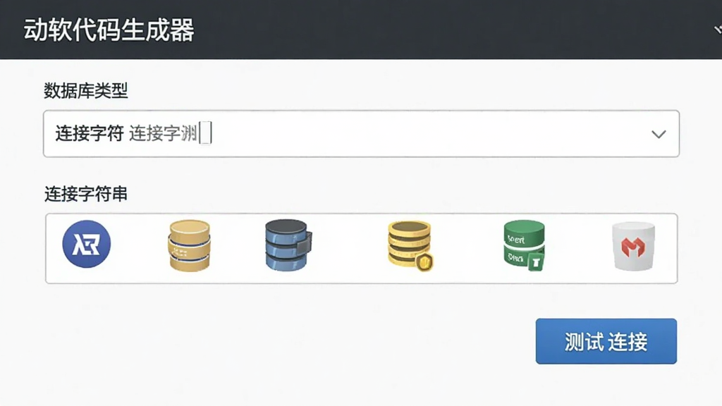 画面主体为“动软代码生成器”的数据库连接设置界面,布局简洁,包含数据库类型下拉框、连接字符串输入框、测试连接按钮,风格商务简洁,细节展示多种数据库图标,画质清晰,无多余元素。