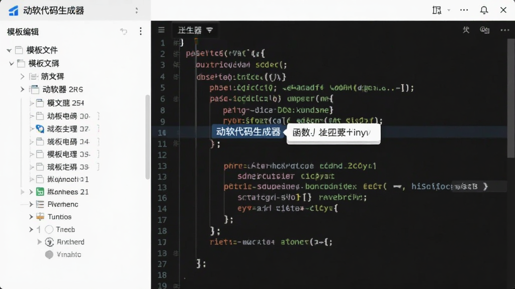 图片主体为“动软代码生成器”的模板编辑界面,布局为左右结构,左侧是模板文件树,右侧是代码编辑区,高亮显示模板语法,风格现代,细节展示模板函数提示,画质干净,无多余元素。