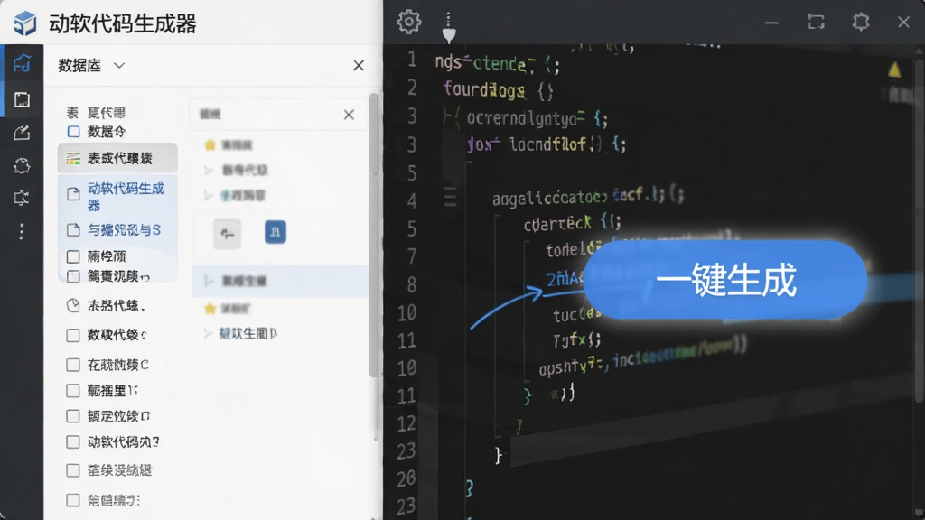 图片主体为“动软代码生成器”的代码生成过程,布局为分屏展示,左侧是数据库表勾选列表,右侧是自动生成的代码片段,风格简洁明亮,细节突出“一键生成”按钮,画质干净清晰,无多余元素。