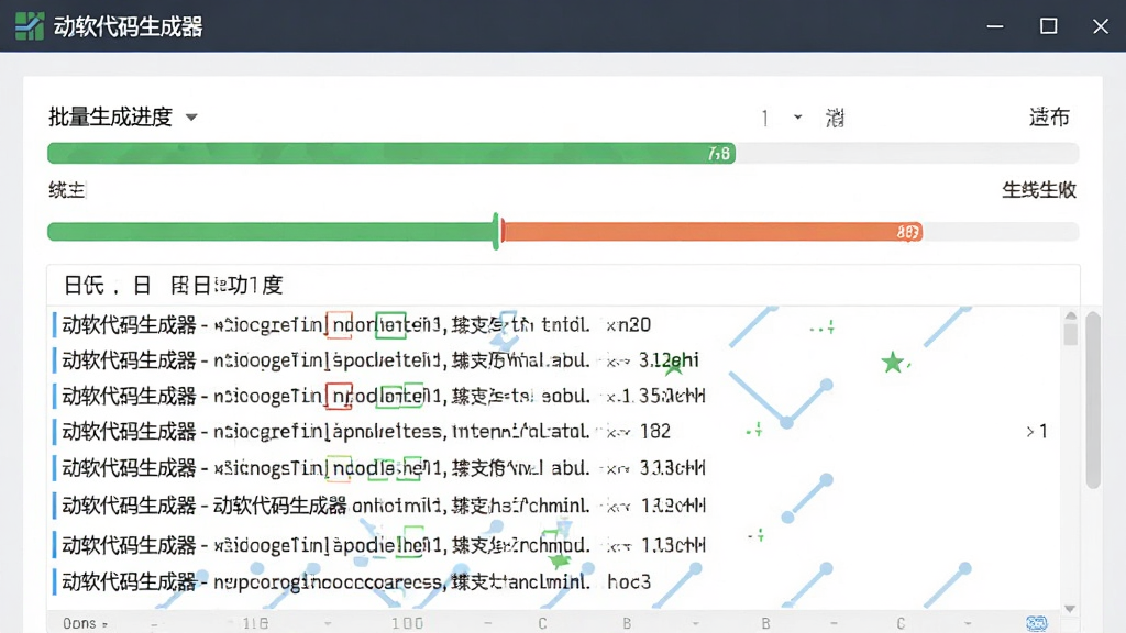 画面主体为“动软代码生成器”的批量生成进度界面,布局中央显示生成进度条和日志列表,风格简洁直观,细节展示生成成功/失败的统计,画质清晰,无多余元素。