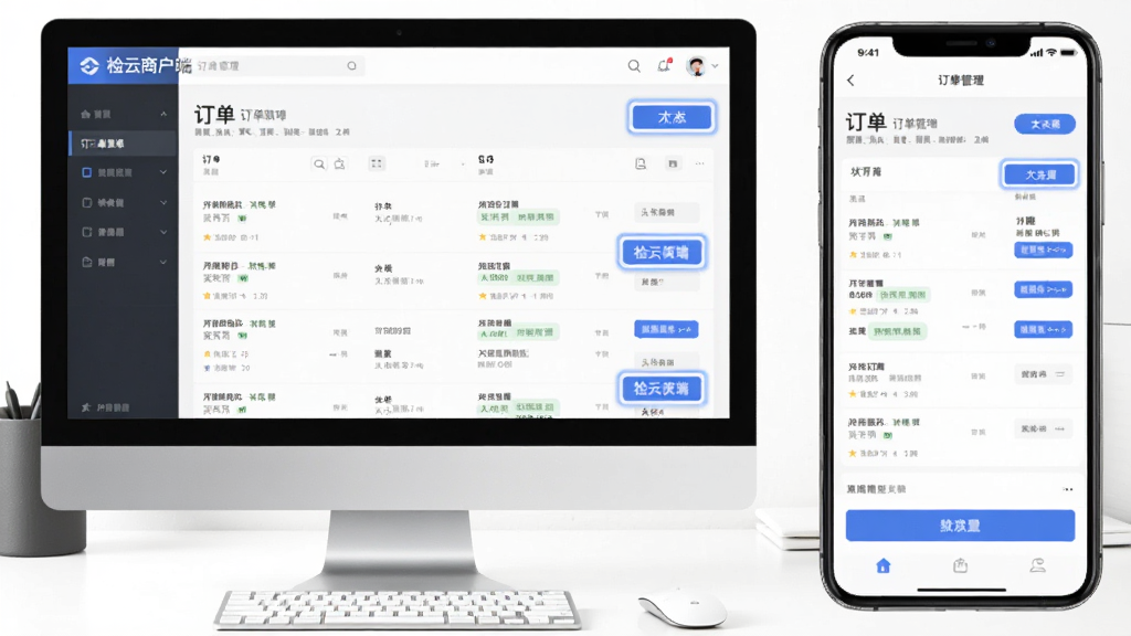 图片主体为电脑与手机并排展示之检云商户端订单管理界面,左侧电脑屏幕显示订单列表及状态标签,右侧手机界面呈现相同数据,背景为纯白色工作台,排版左右对称,风格扁平化设计,细节强调蓝色高亮状态按钮,画质干净清晰,无多余元素