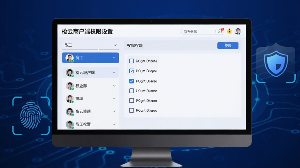 主体为电脑屏幕显示之检云商户端权限设置界面,左侧为员工列表,右侧为勾选权限复选框,背景为深蓝色科技感渐变,排版左右结构,风格现代安全,细节包括指纹图标与盾牌标识,画质干净无多余元素