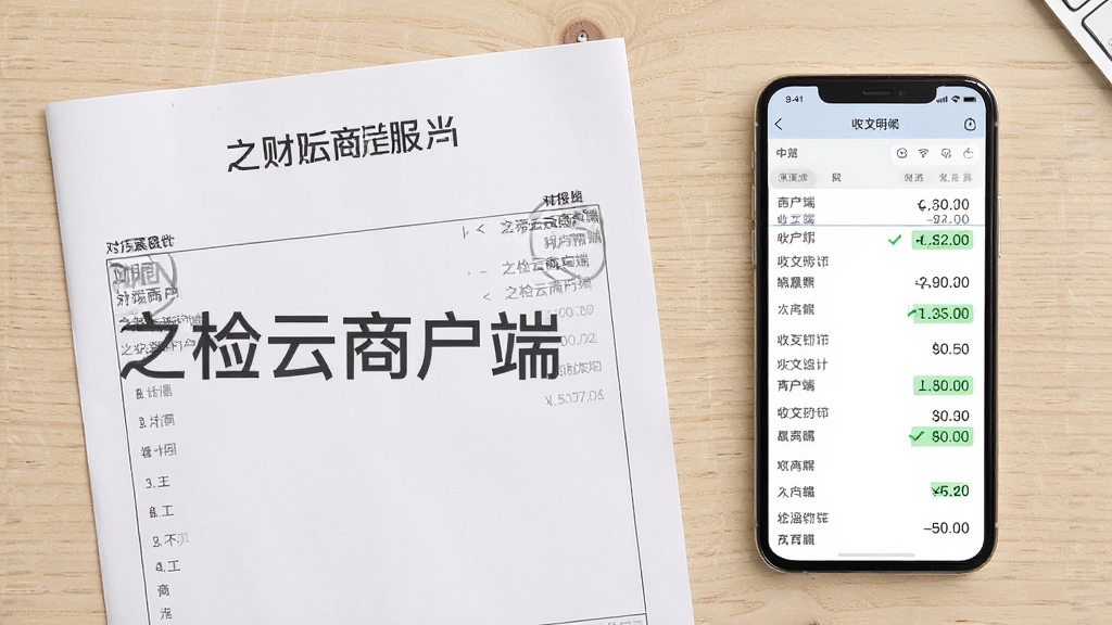 主体为一张对账报表打印纸与手机屏幕对比展示,纸张上印有“之检云商户端”水印,手机界面显示收支明细列表,背景为浅木色桌面,排版左右分布,风格写实商务,细节突出金额数字与绿色对账标记,画质干净无多余元素