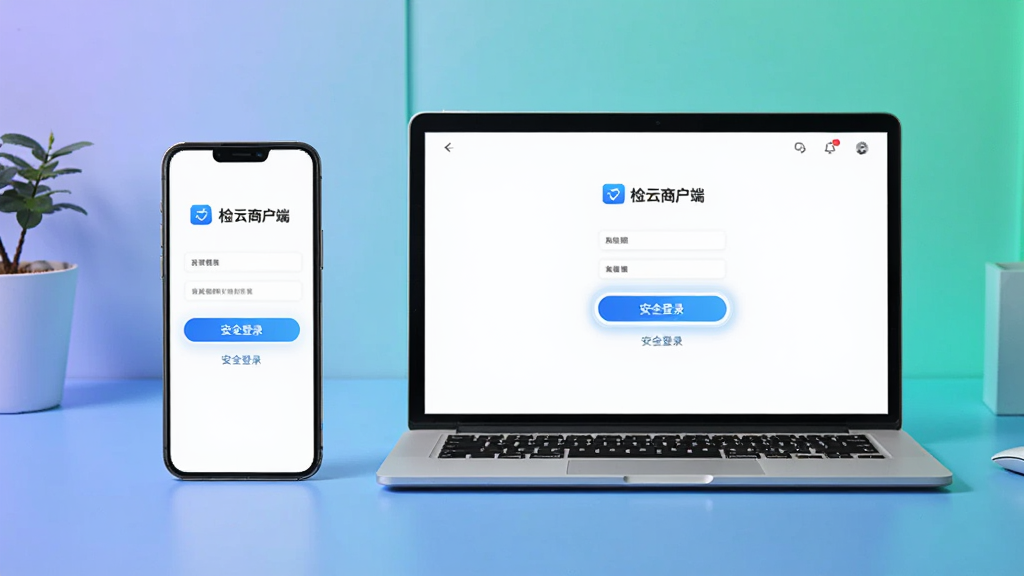 主体为手机与电脑并排放置,屏幕均显示之检云商户端登录界面,背景为渐变色工作台,排版对称,风格清爽,细节包括登录按钮高亮与“安全登录”字样,画质干净无多余元素